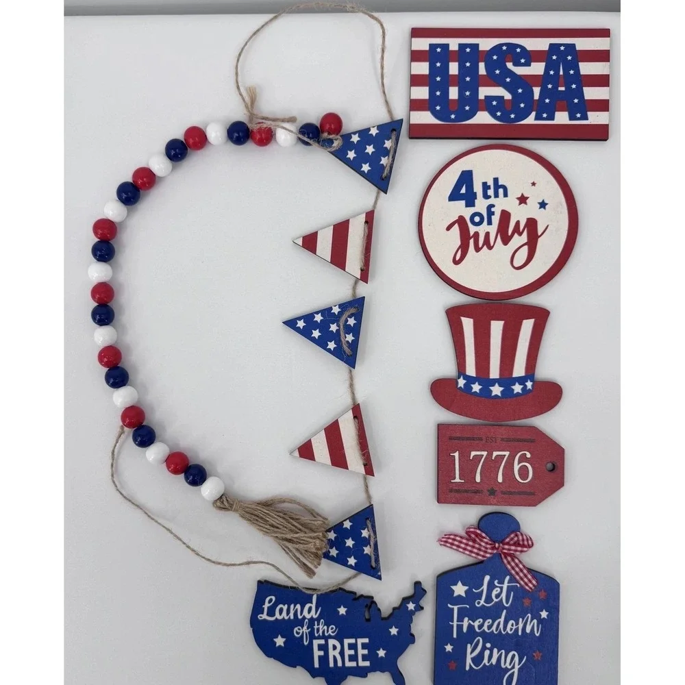 4th Of July Wood Ornaments Decor Set USA Stars Red White Blue Patriotic - Picture 1 of 3